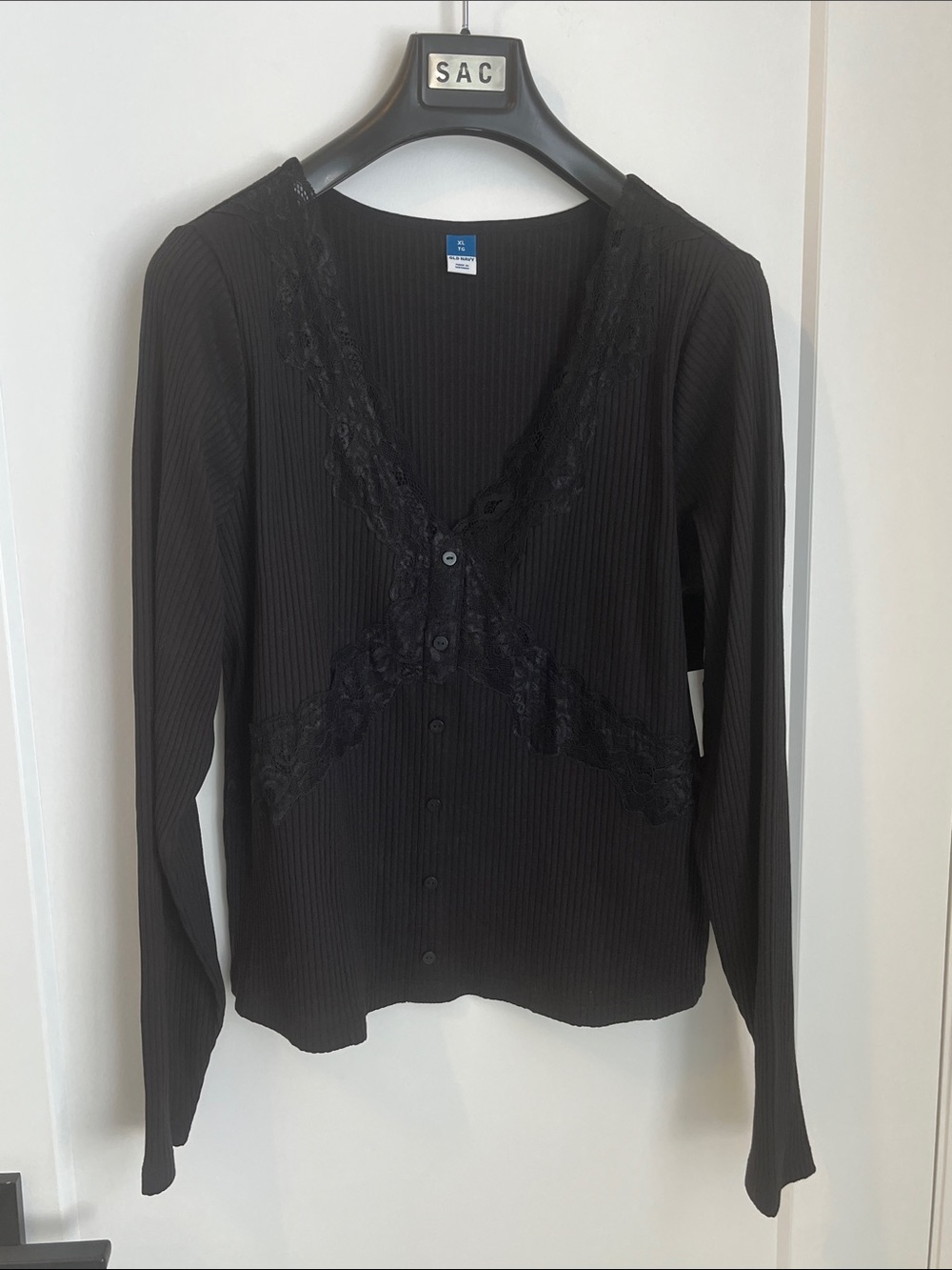 Old Navy Black Ribbed Lace-Trim Button-Down Top